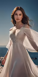 a woman in a long sleeved dress by the ocean