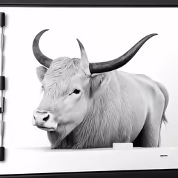 a steer standing on a table with long horns