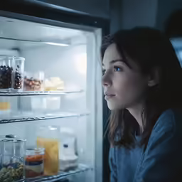 a woman looking into the open refrigerator door