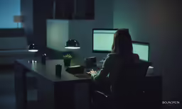 person in chair sitting at desk with computer and phone on counter