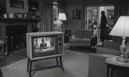 an old television in a living room with the woman standing near it