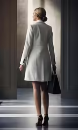 the back of a woman walking down a hall carrying a bag