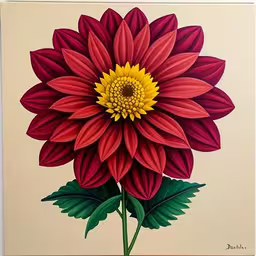 a painting of a flower with red, yellow and green petals,a large flower on display in front of a wall