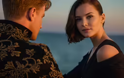 a woman with brown hair is standing next to an ocean