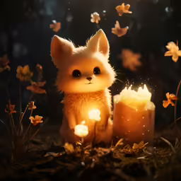 a small dog sitting next to candles and butterflies