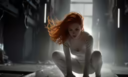 a young girl in white crouching down in a dark room