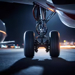the wheels and tires of a small airplane at night