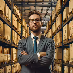a man standing in a very big storage room with many boxes