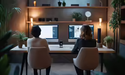two people sitting at desk in front of monitors