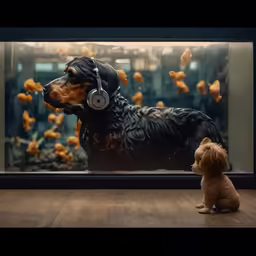 dog watching the goldenfish in a fish tank