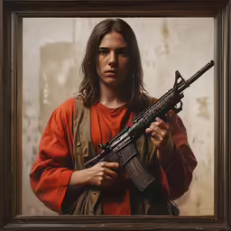 a man holding an automatic rifle and wearing a vest