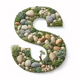 a number s made out of rocks and green plants