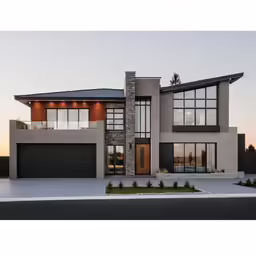 a modern home with two garages and large windows