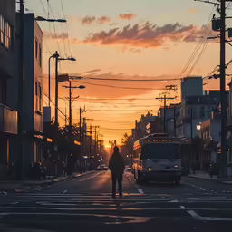 the man is walking across the road in front of the bus