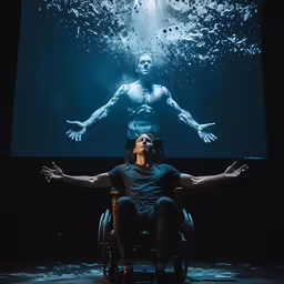 man in wheelchair looking at underwater image projected in water