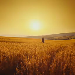 person walking through wheat field in the middle of sunset