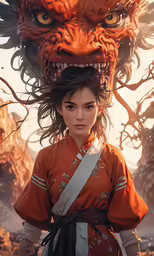 a female in a brown and white outfit with a giant head