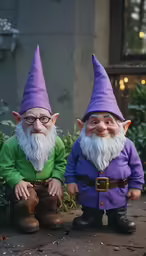 two garden gnomes sitting in a small garden