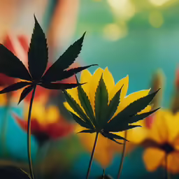 two yellow leaves are sitting on top of the green flower