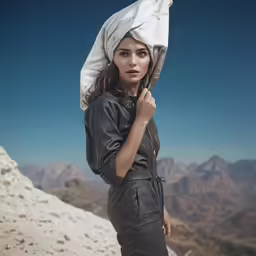 a woman with a scarf on her head posing for a portrait