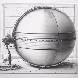 an old photo of a large ball with writing written on it
