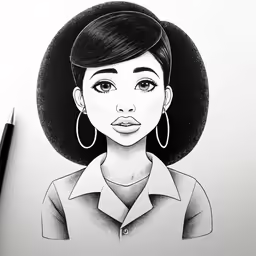 a drawing of a woman with a black hair and large earrings