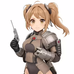 a girl in a futuristic uniform is holding a gun