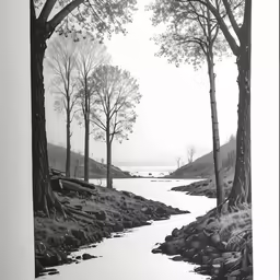 the image is a black and white photo of a lake with trees