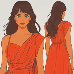 a girl wearing a orange dress with one side draped