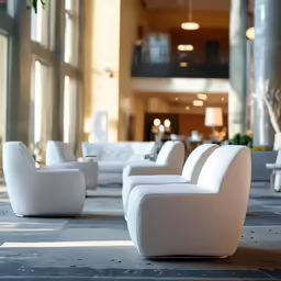 white chairs sitting on cement floors in a large building