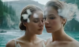 two women look into each other eyes next to water