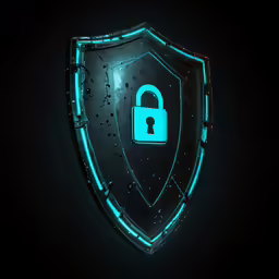 a glowing neon blue safe shield is on the dark surface