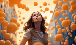 a woman looking up to the sky while floating oranges