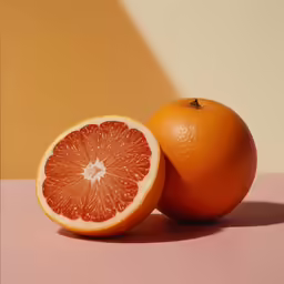there is a whole and cut grapefruit on the table