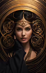 a woman wearing a gold mask and black dress