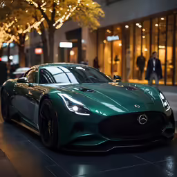 a green car parked on the street in front of a store