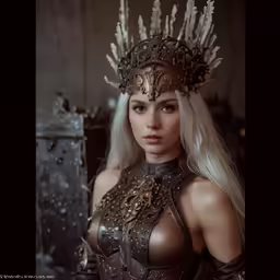 a woman with a lot of fancy headdress standing