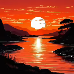 the sun is setting over a river with mountains in the distance