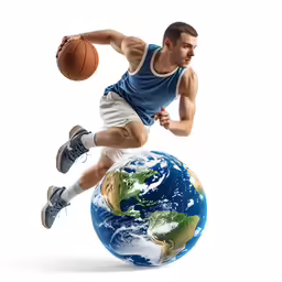 a male basketball player is flying through the air while riding a ball