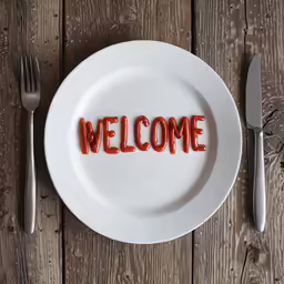 the words welcome are spelled on the plate with a fork and knife