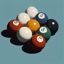 pool balls are arranged in a pyramid on a blue background