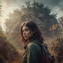 a young woman with backpack walking through a forest