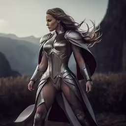 a woman in armor and standing near mountains