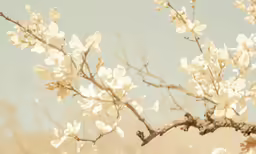 flowers with leaves are white against a blue sky