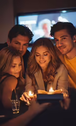three friends holding lit candles around a birthday cake