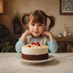 a little girl sitting by a cake on a table