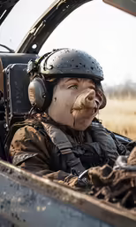 a boy with a nose bump sitting in a helicopter