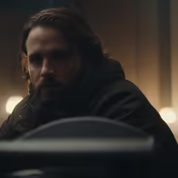 a man is in a black jacket on a motorcycle