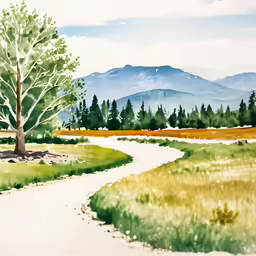 painting of tree and grassy field with road