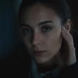 a beautiful woman in a black jacket holding her hand up to the ear